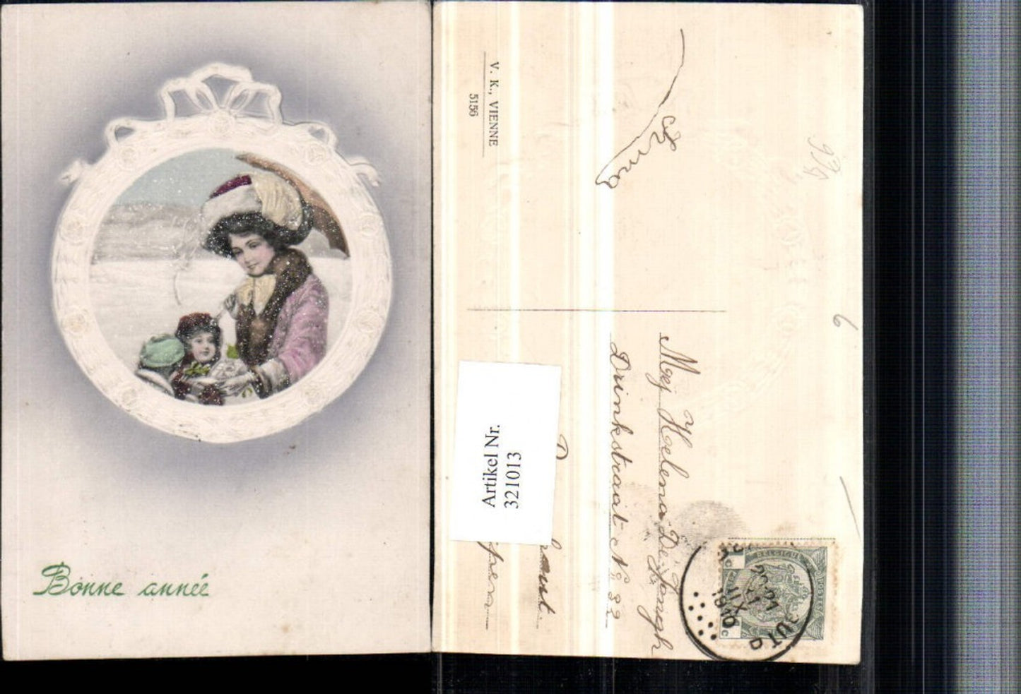 321013,V.K. Vienne 5156 Künstlerkarte Neujahr Frau Mutter m. Kinder Schirm Präge Passepartout