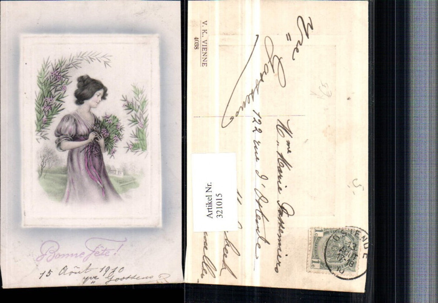 321015,V.K. Vienne 4038 Künstlerkarte Namenstag Frau m. Kleid Blumen Präge Passepartout