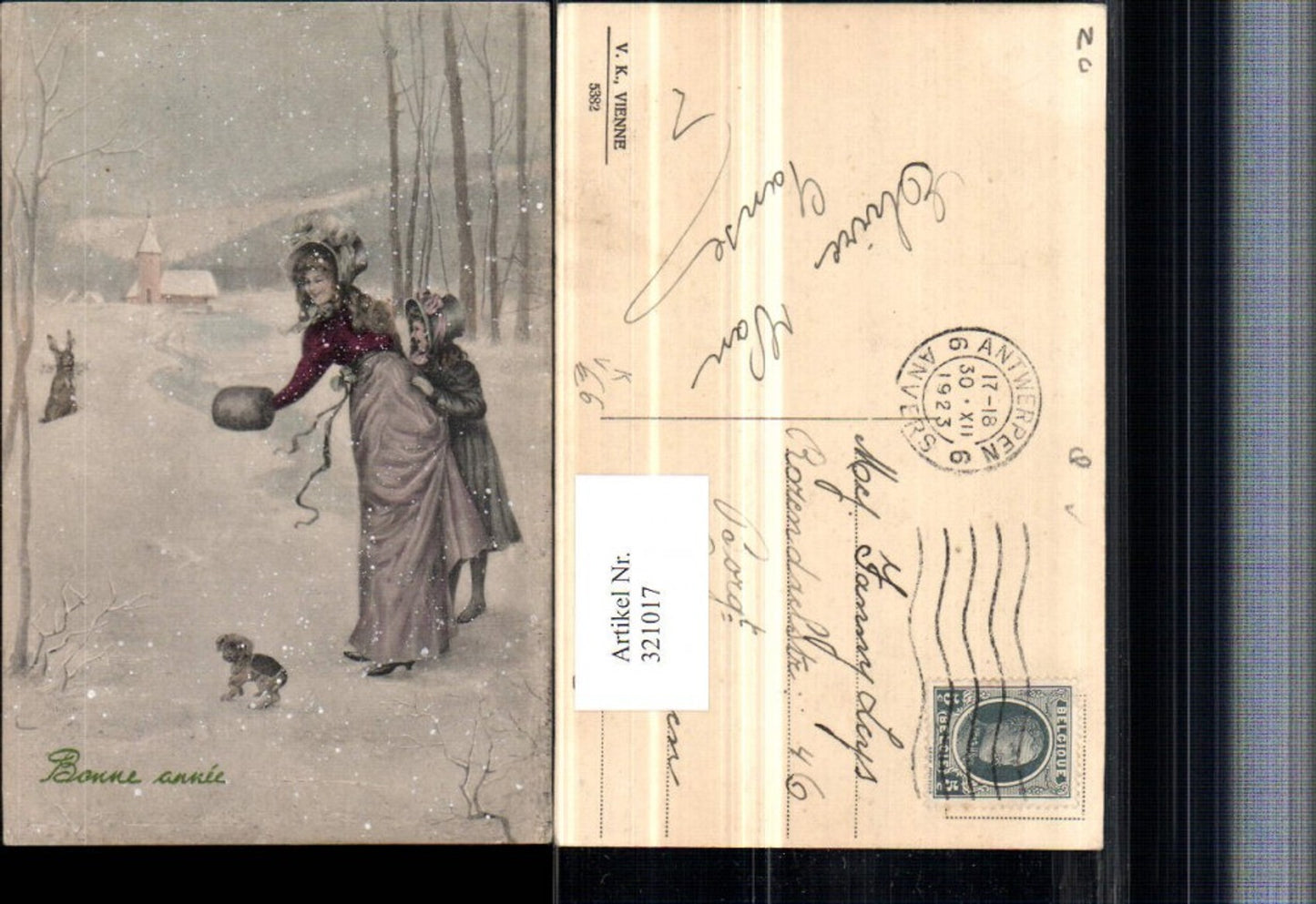 321017,V.K. Vienne 5382 Künstlerkarte Neujahr Mutter m. Kind Hundewelpen Präge Passepartout