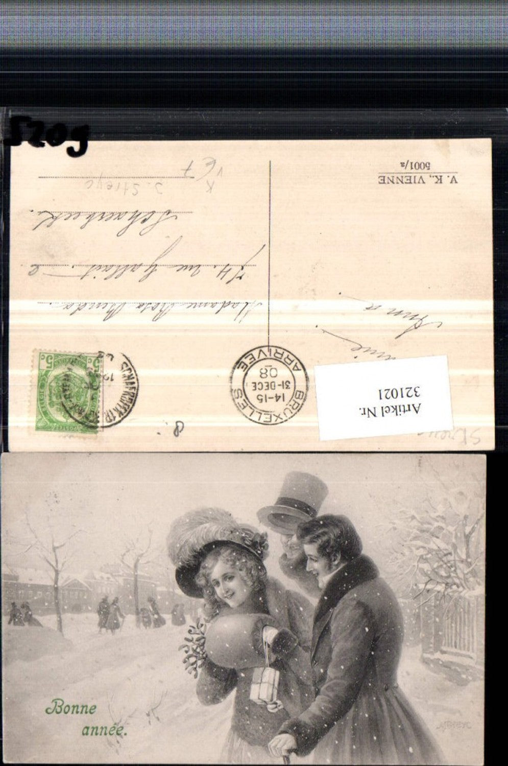 321021,VK Vienna 5001/a Artist card New Year Woman with muff Hat Man with top hat