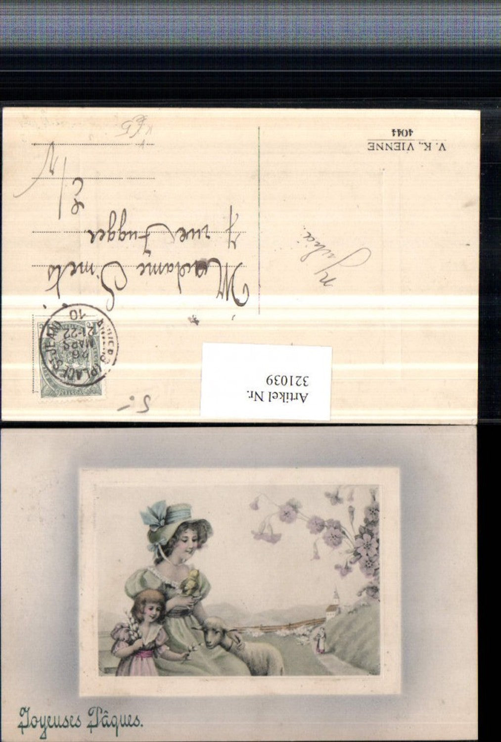 321039,VK Vienna 4044 Artist card Easter Mother with child Bonnet Lamb Embossed Passepartout