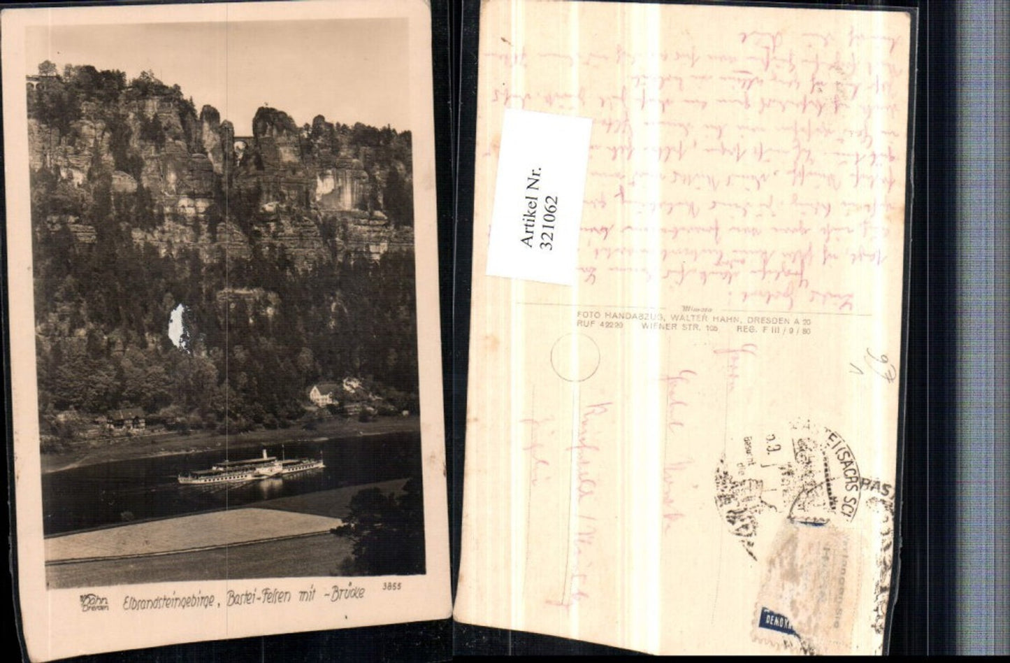 321062,Photo art Walter Hahn 3855 Elbe Sandstone Mountains Bastei rock with bridge near Rathen steamer