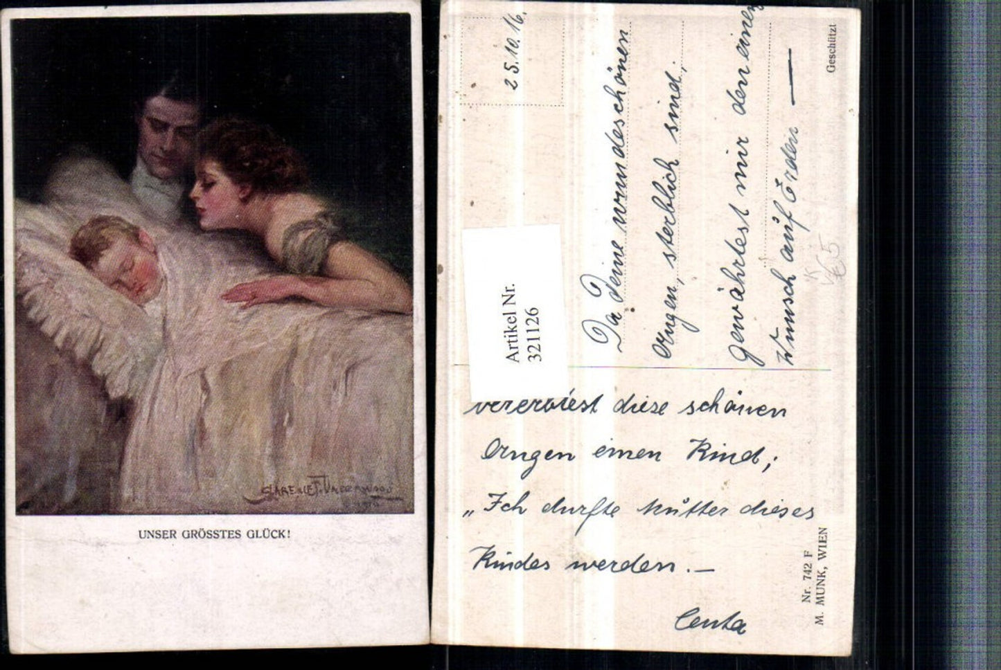 321126,M. Munk Vienne 742F Künstler Clarence F. Underwood Unser größtes Glück Paar Kind