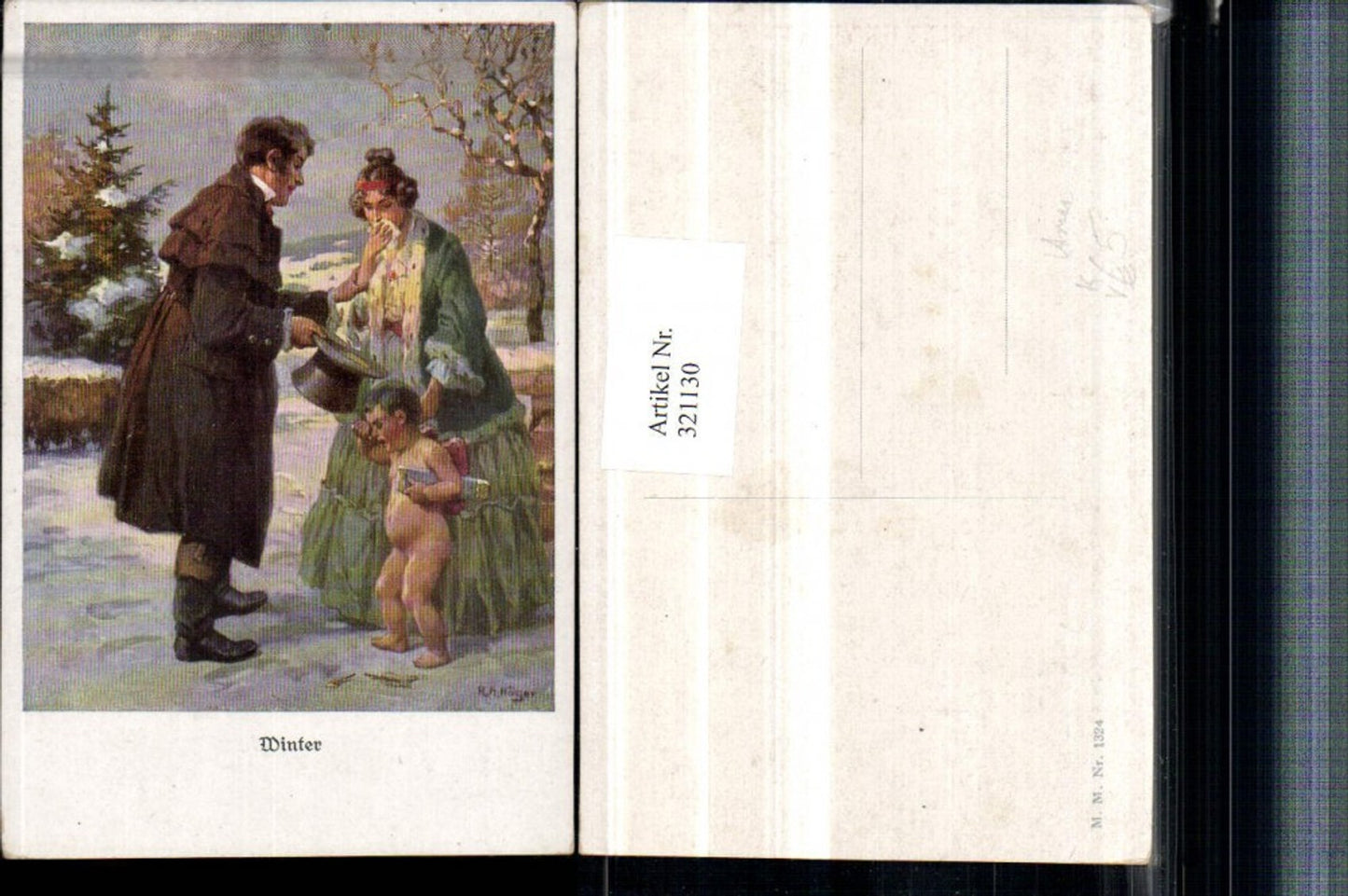 321130,M. Munk Vienne 1324 Künstler R. A. Höger Winter Amor Engel Frau Kleid Mann Zylinder