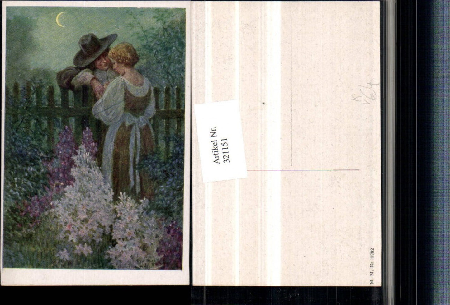 321151,M. Munk Vienne 1282 Künstlerkarte Paar Gartenzaun Hut Mondschein
