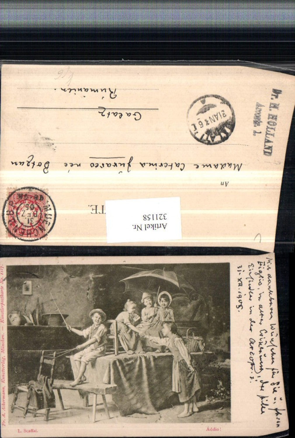 321158,F. A. Ackermann 1117 Künstler L. Scaffai Addio Kinder spielen Kutsche Schirm