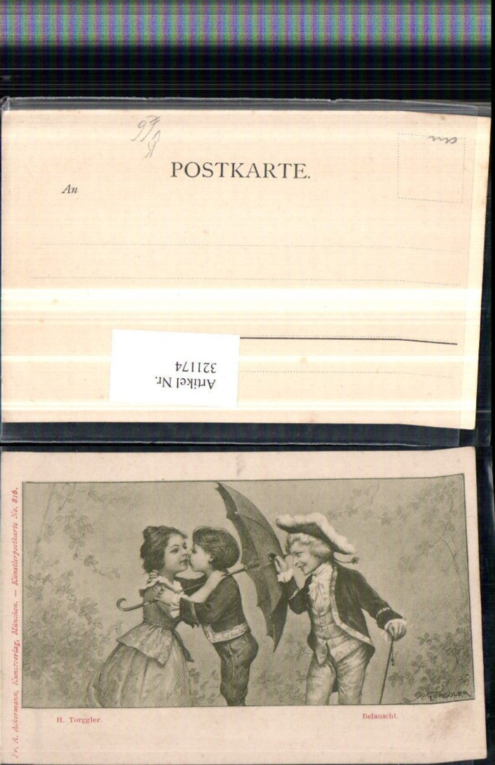 321174,F. A. Ackermann 816 Künstler H. Torggler Belauscht Kinder Kuss Schirm