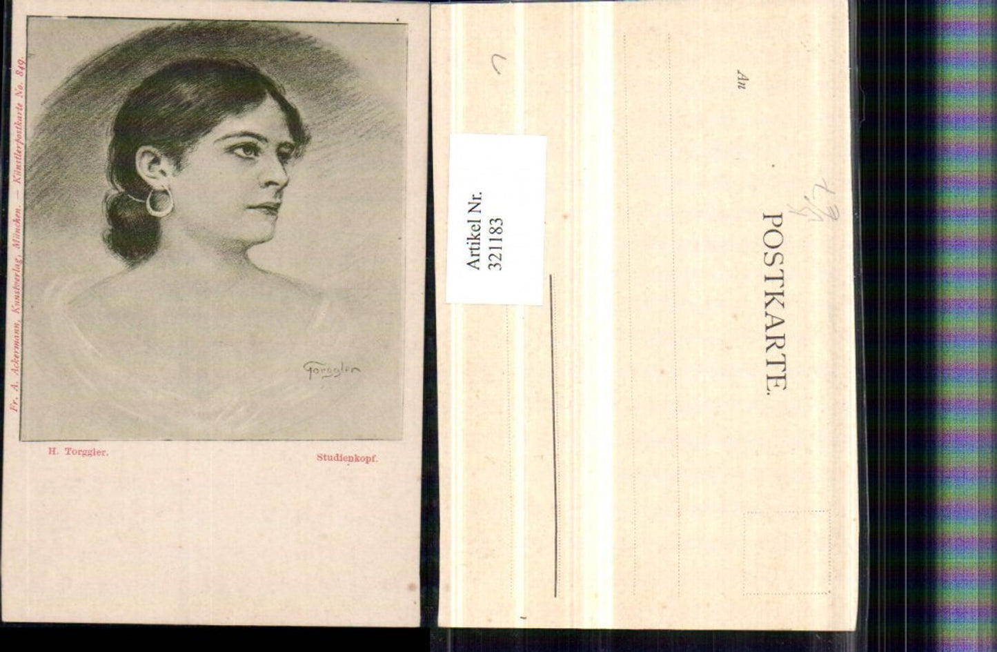 321183,F. A. Ackermann 849 Künstler H. Torggler Studienkopf Frau m. Ohrring Portrait