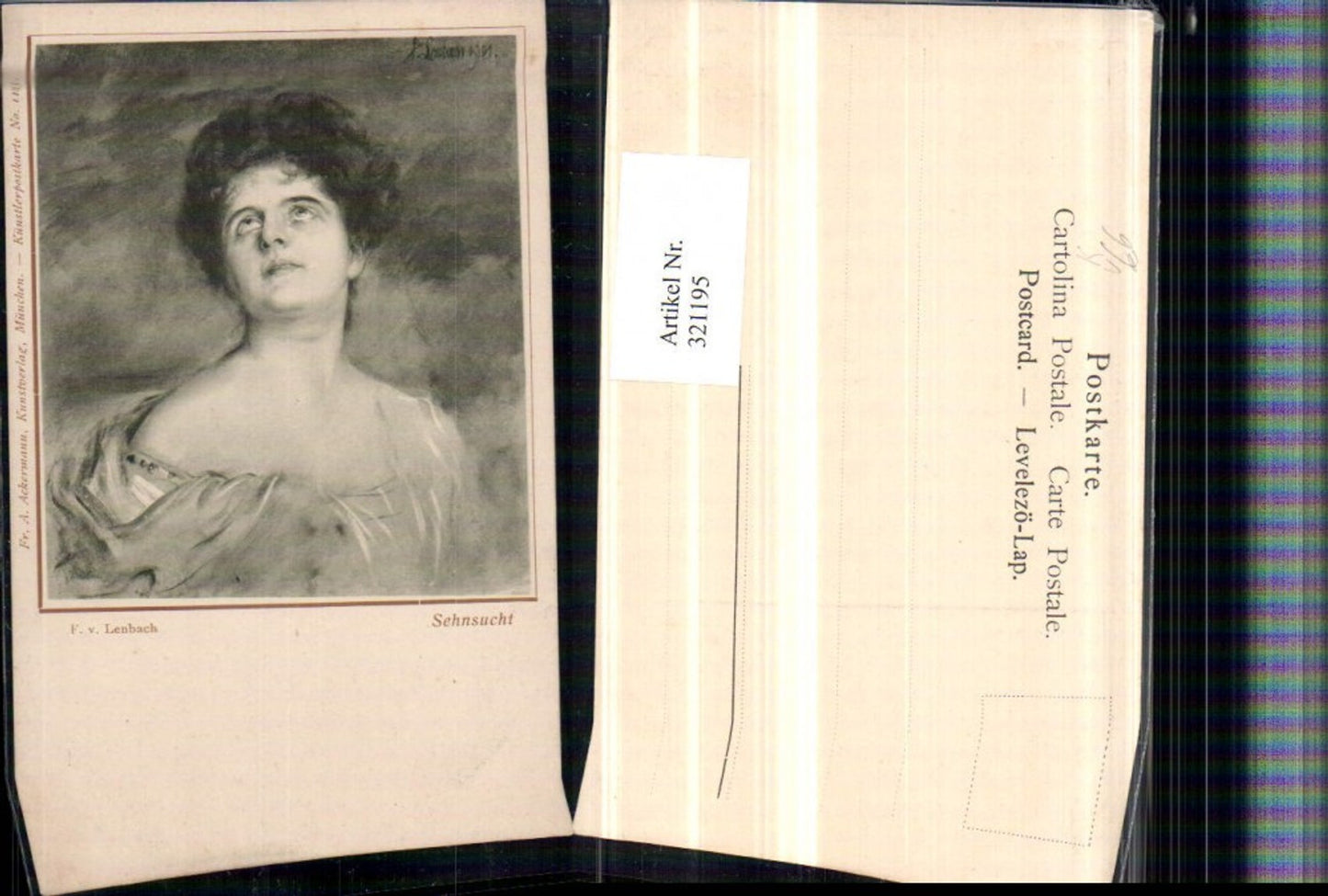 321195,F. A. Ackermann 1195 Künstler Franz v. Lenbach Sehnsucht Frau Portrait