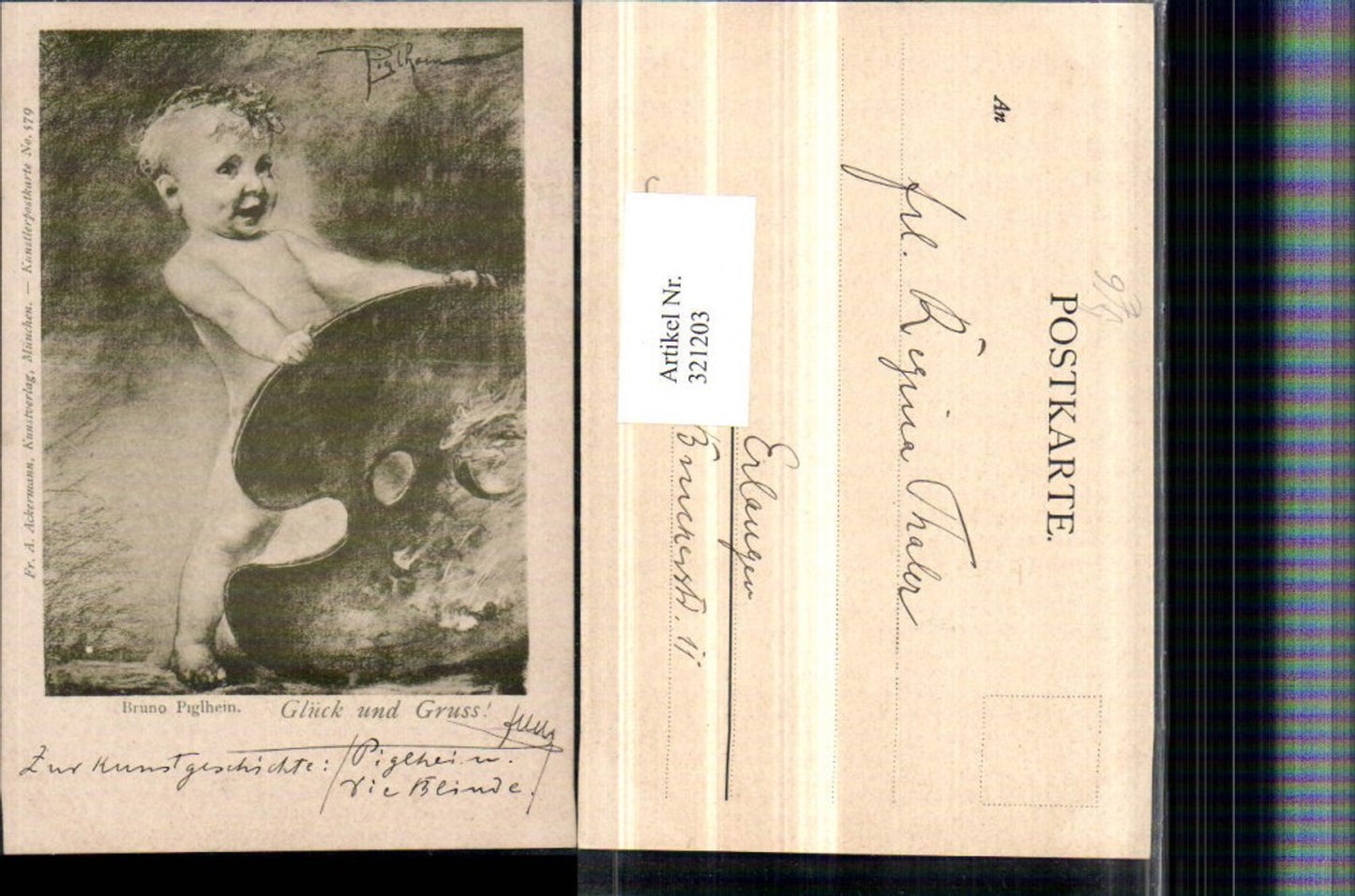 321203,F. A. Ackermann 579 Künstler Bruno Piglhein nacktes Kind Künstlerpalette