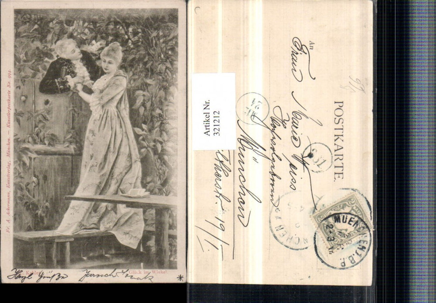 321212,FA Ackermann 994 Artist C. Kahler Luck in the Corner Couple Fence Dress Book
