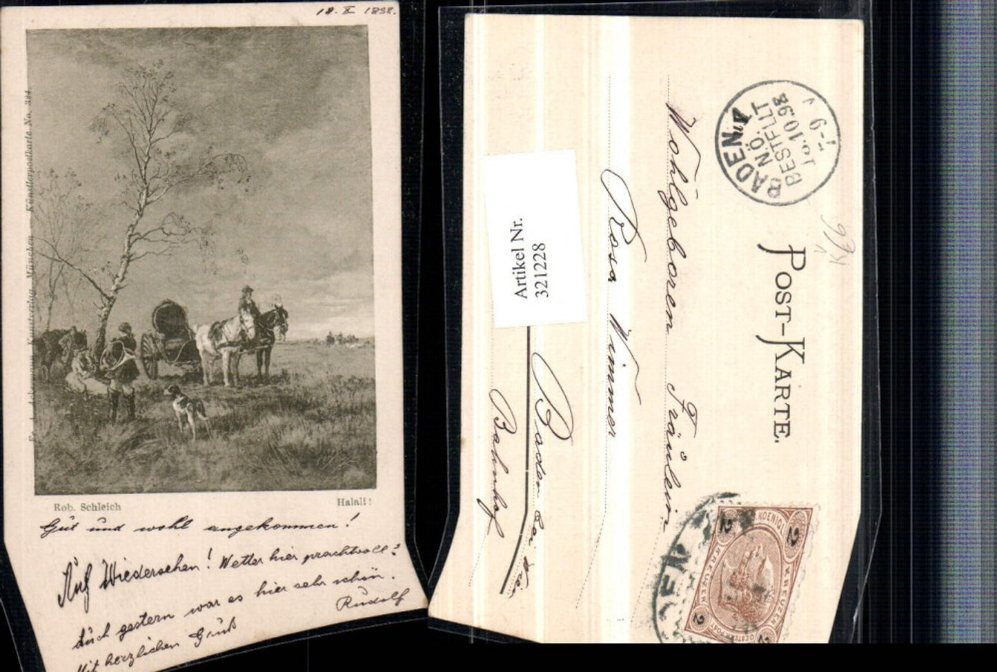 321228,F. A. Ackermann 324 Künstler Rob. Schleich Halali Pferdekutsche Landschaft Hund