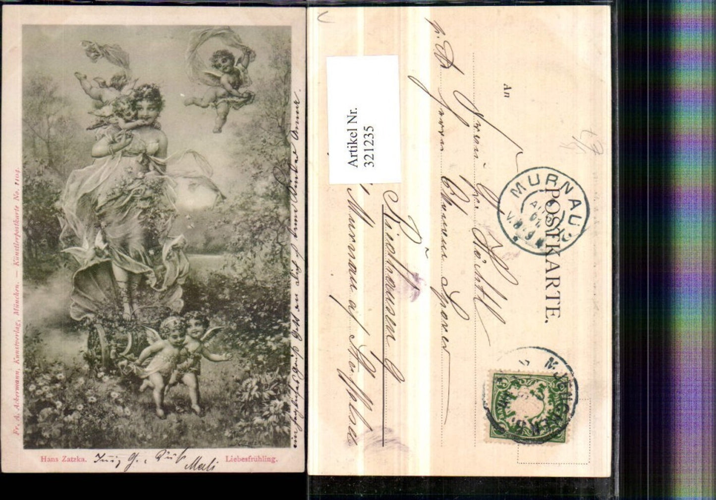 321235,Künstler AK Hans Zatzka Liebesfrühling Amor Engeln Frau Kleid pub A. Ackermann 1104