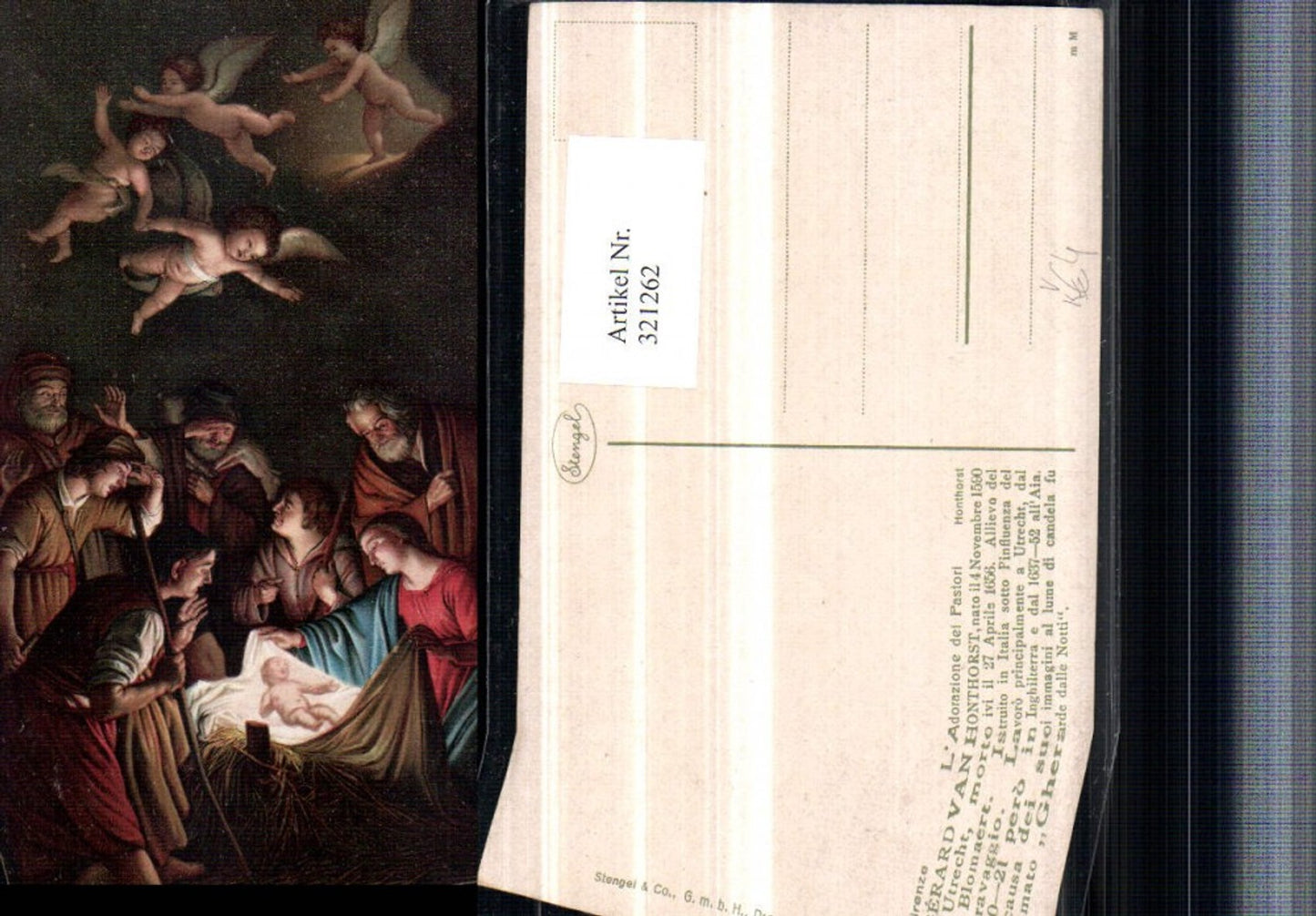 321262,Stengel Co 29858 Künstler G. v. Honthorst L'Adorazione di Pastori Religion Jesuskind Engel