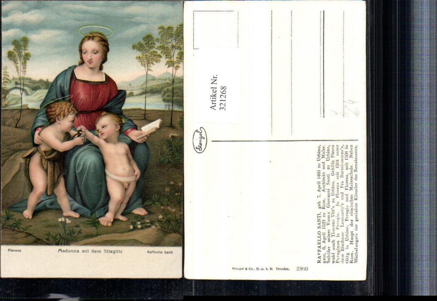 321268,Stengel Co 20849 Künstler Raffaelo Santi Religion Madonna m. d. Stieglitz Jesuskind