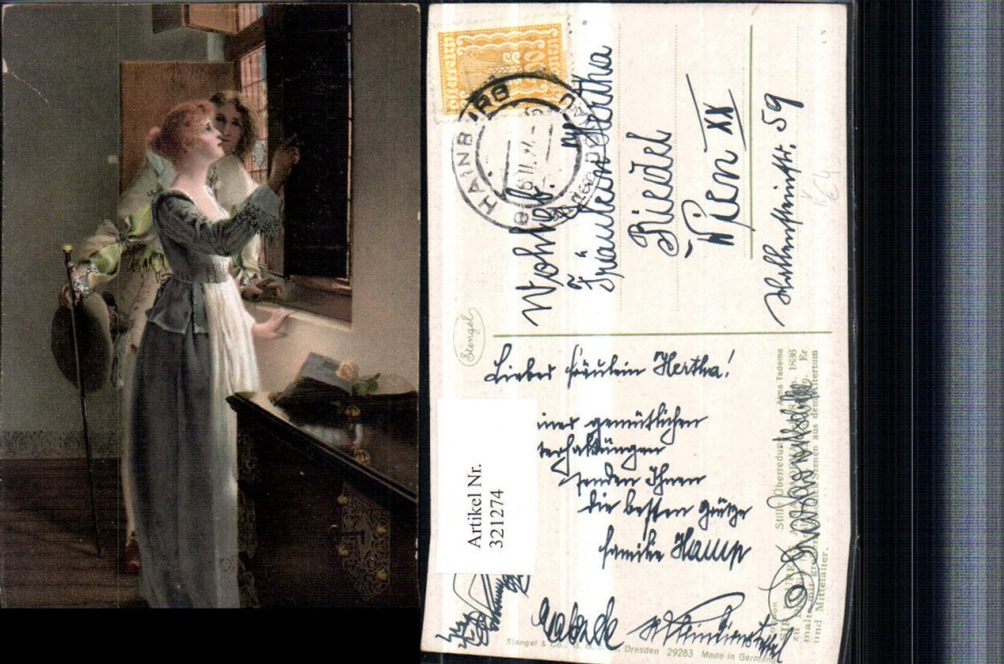 321274,Stengel Co 29283 Künstler Alma Tadema Stille Überredung Frau m. Kleid Mann Hut Stock