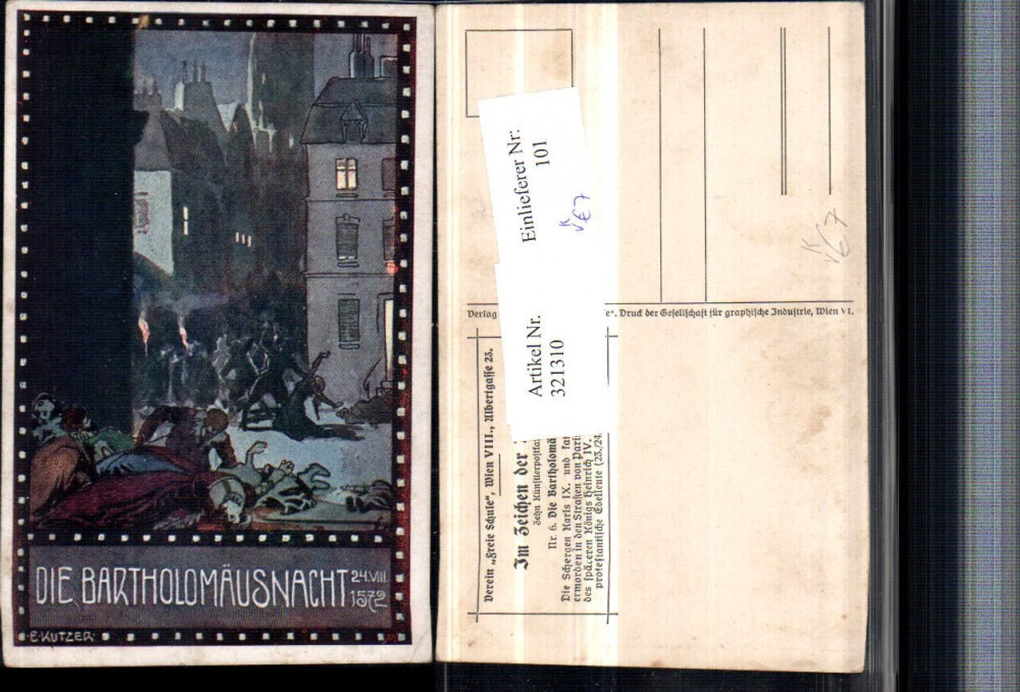 321310, Artist AK Ernst Kutzer The St. Bartholomew's Day Massacre, Pub Association Free School 6