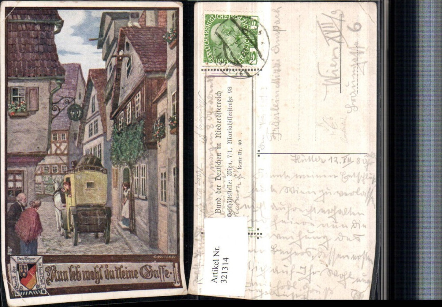 321314,Künstler AK Ernst Kutzer Postkutsche Gasse pub Bund d. Deutschen in Niederösterreich 40