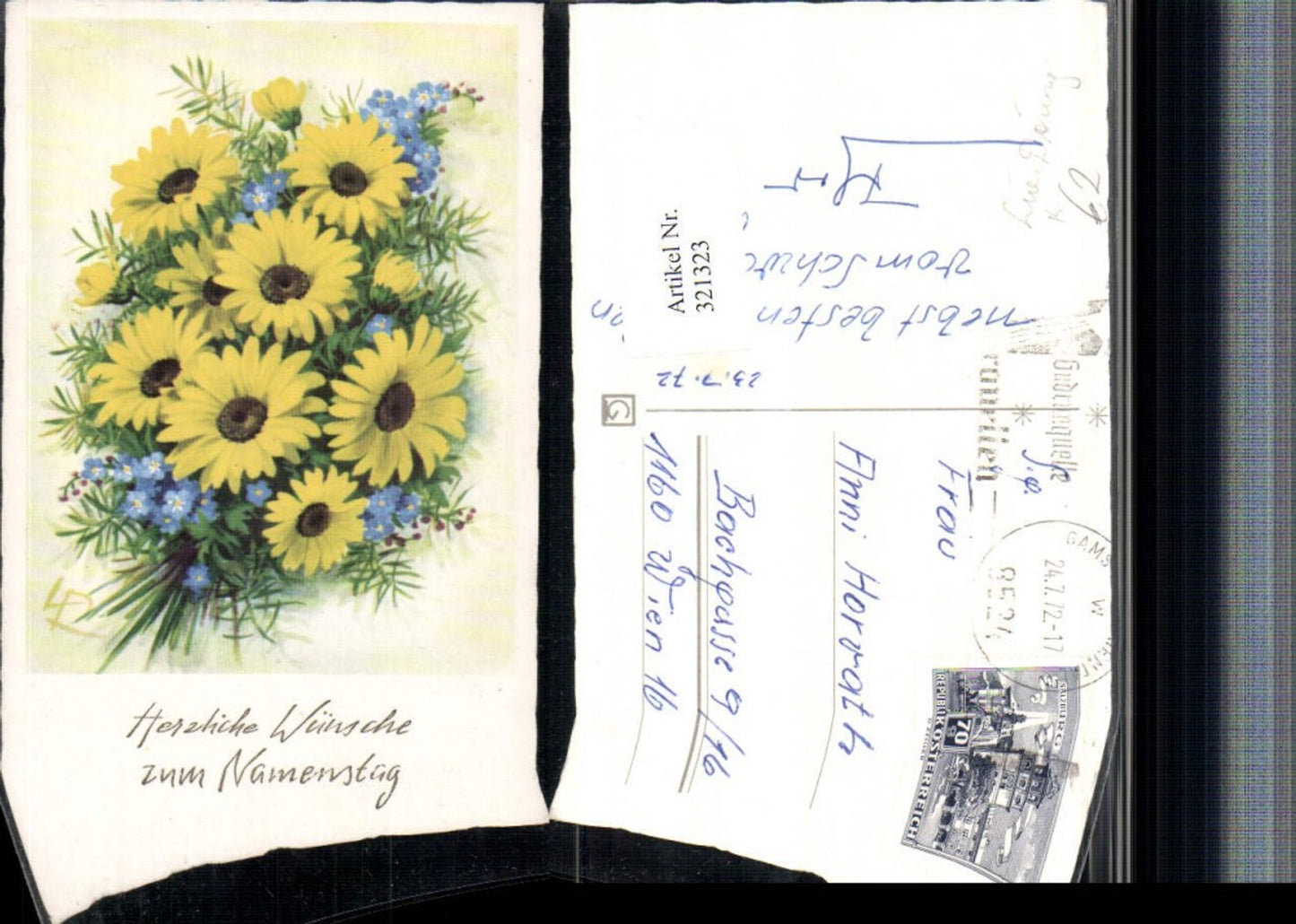 321323,Künstler AK Lia Döring Namenstag Blumenstrauß Sonnenblumen Vergissmeinnicht