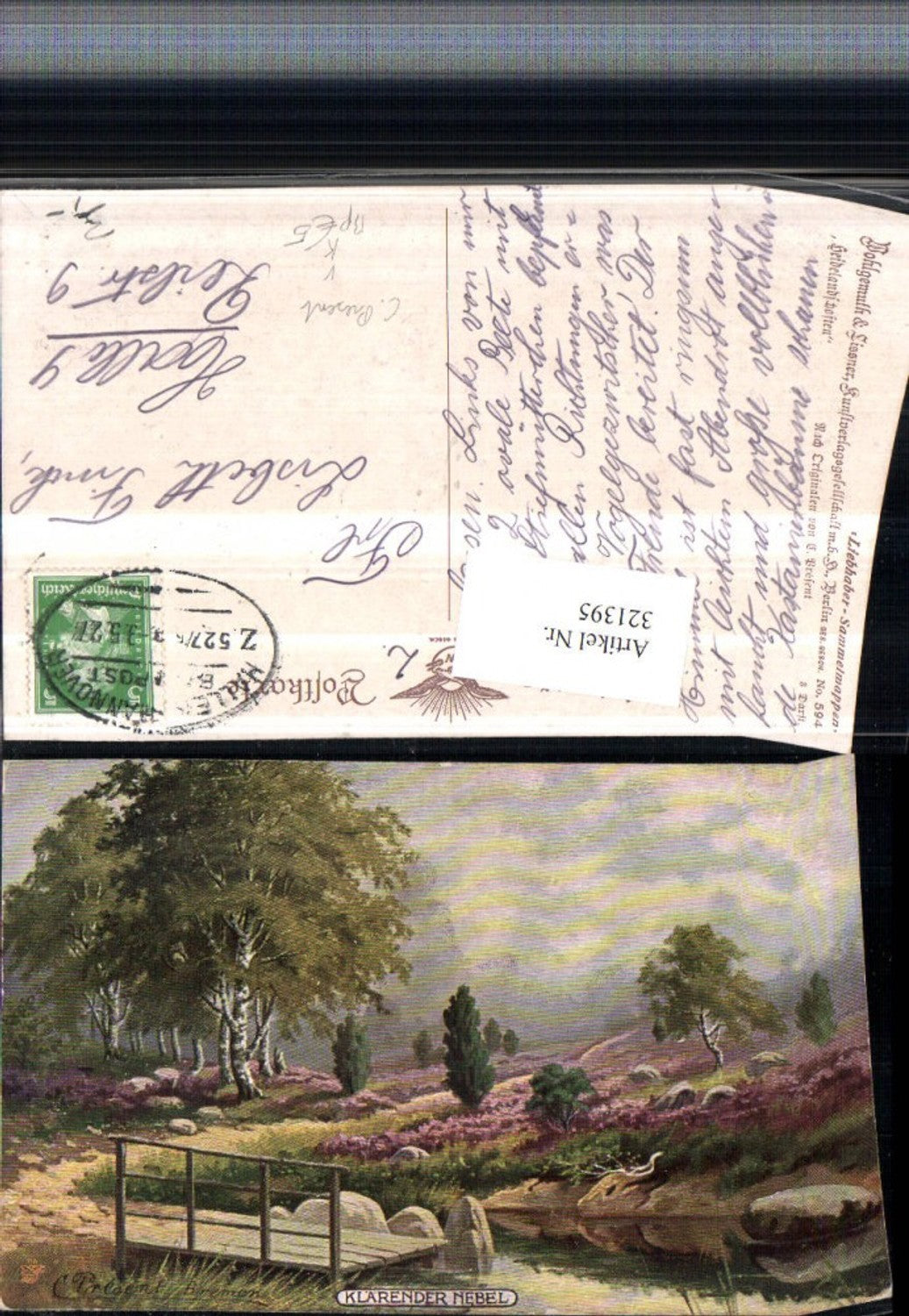 321395,Primus AK 594 Künstler C. Present Heidelandschaft klärender Nebel Bahnpost Zug 527