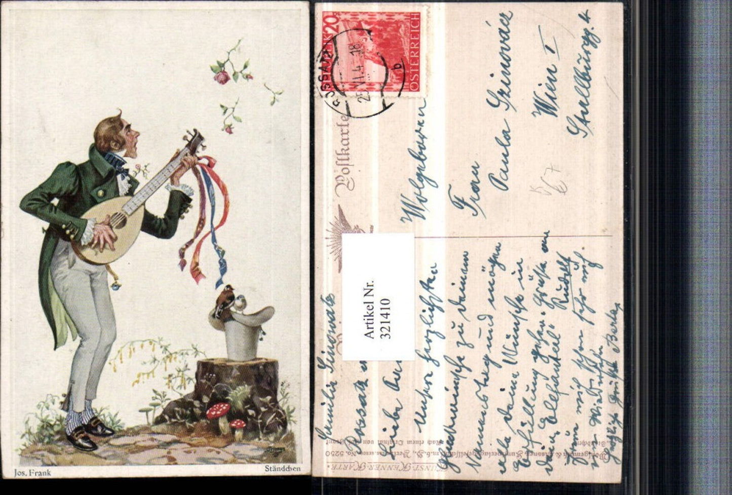 321410,Primus AK 5250 Künstler Josef Frank Ständchen Mann m. Mandoline Hut Vögel Rosen