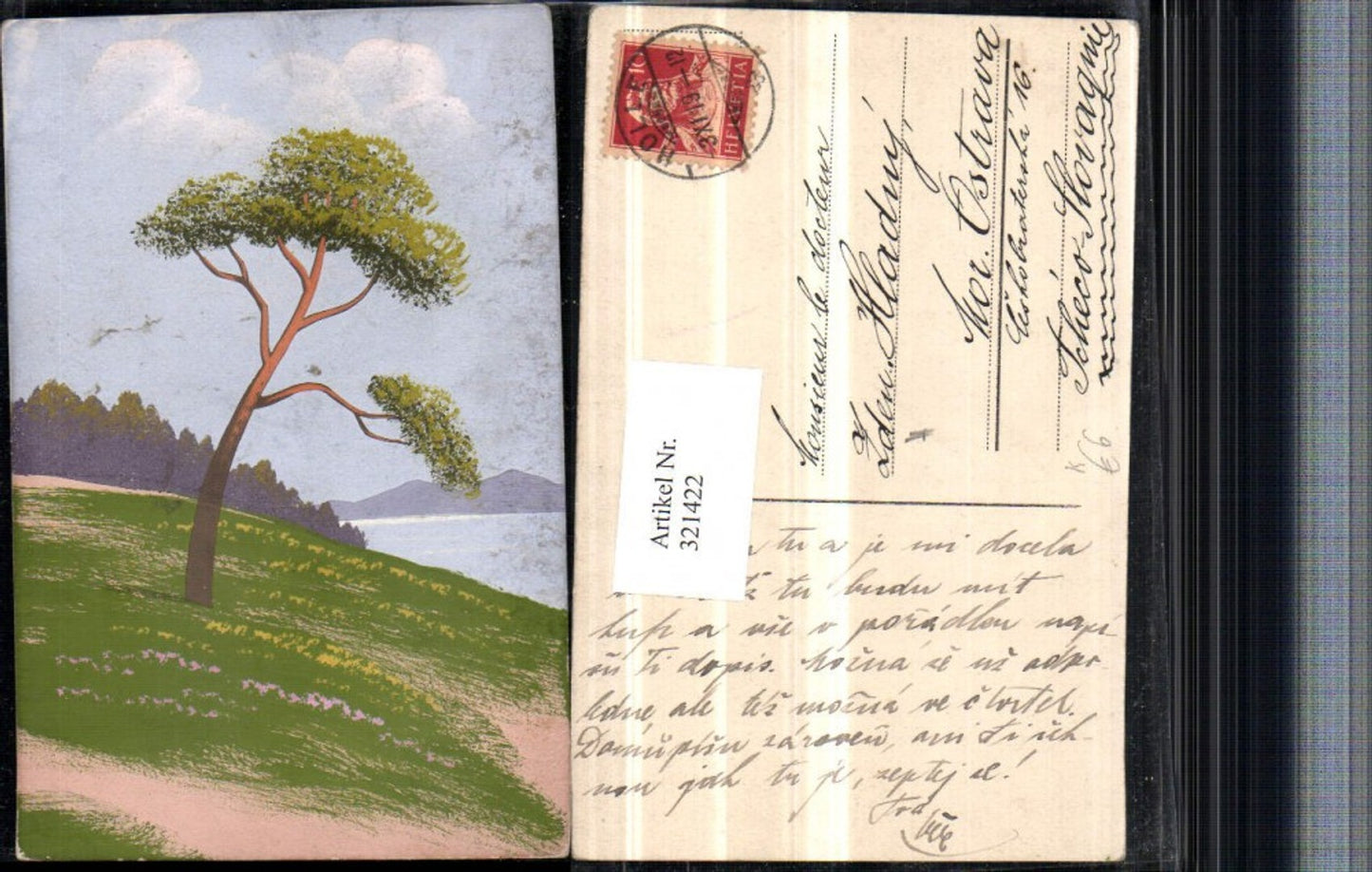 321422,Künstler AK Handgemalt Landschaft Baum Gewässer Berge