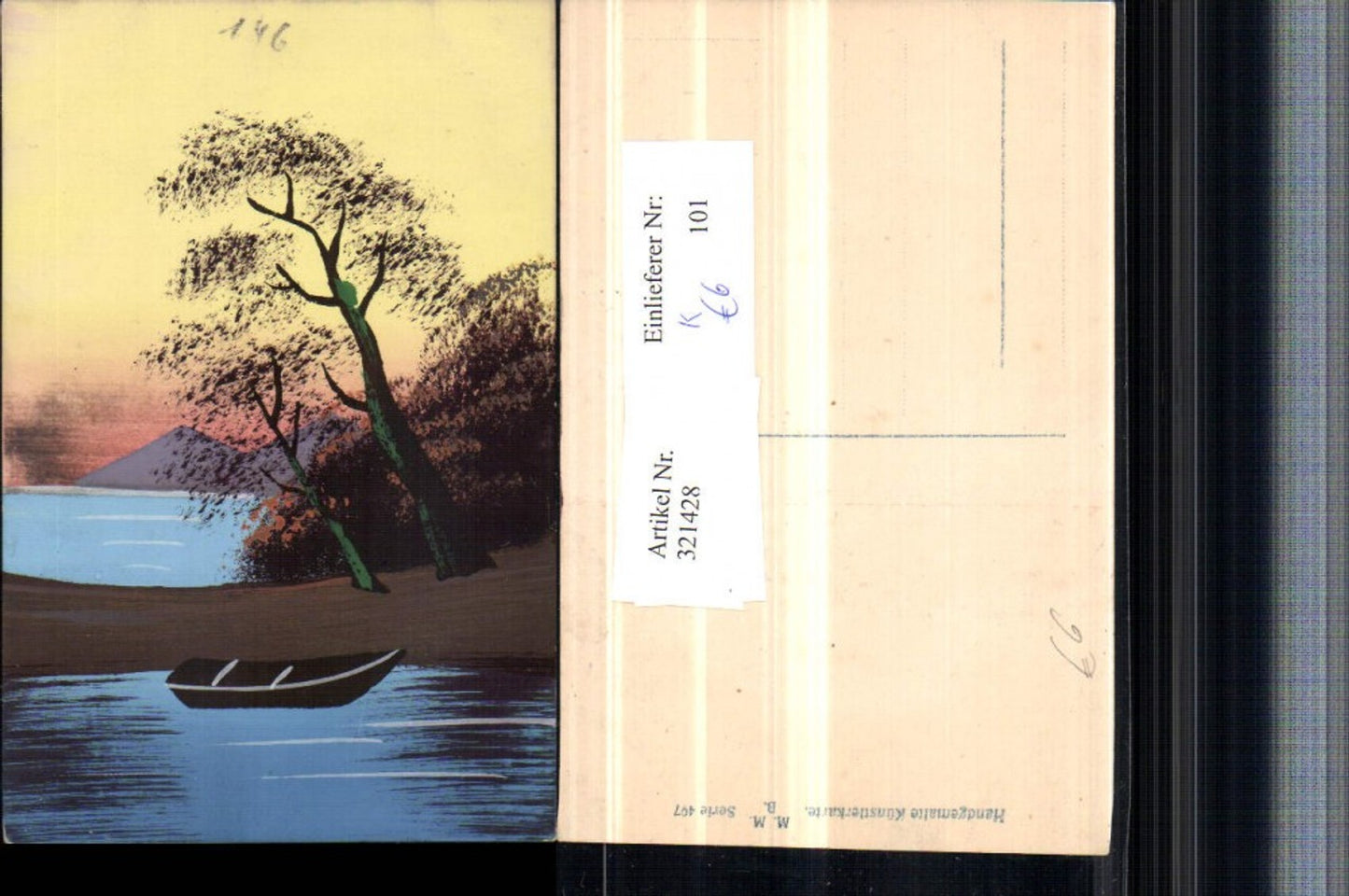 321428,Künstler AK Handgemalt Ufer See Boot Bäume Berge