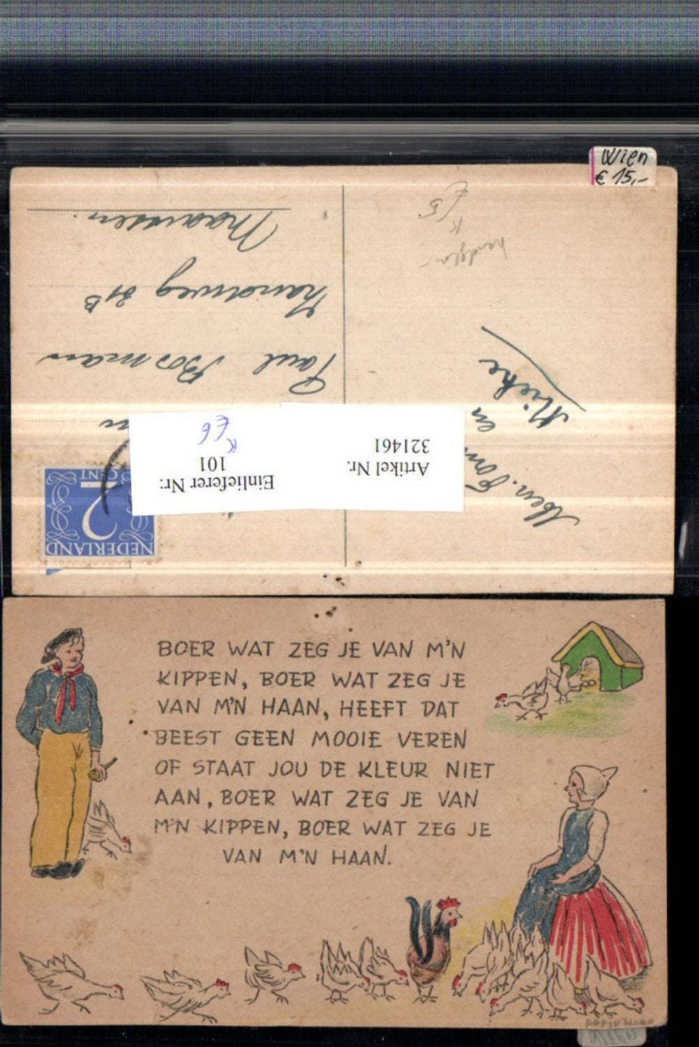 321461,Künstler AK Handgemalt Holländisch Text Hahn Hühner Mann m. Pfeife