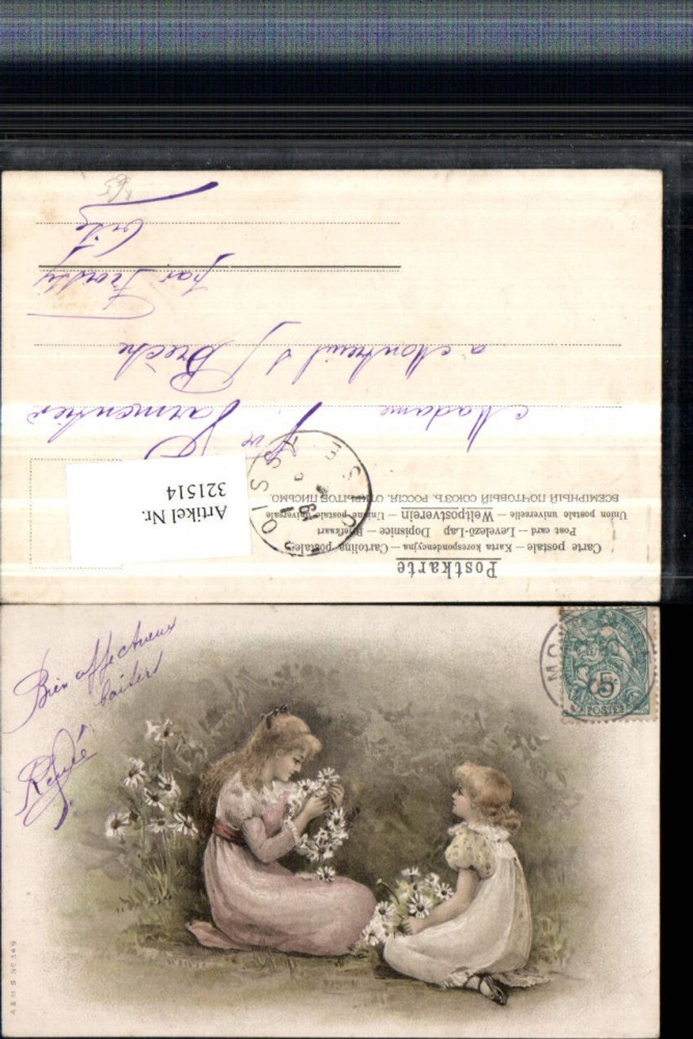 321514,Künstler AK Mädchen Blumen Blumenkranz Margeriten