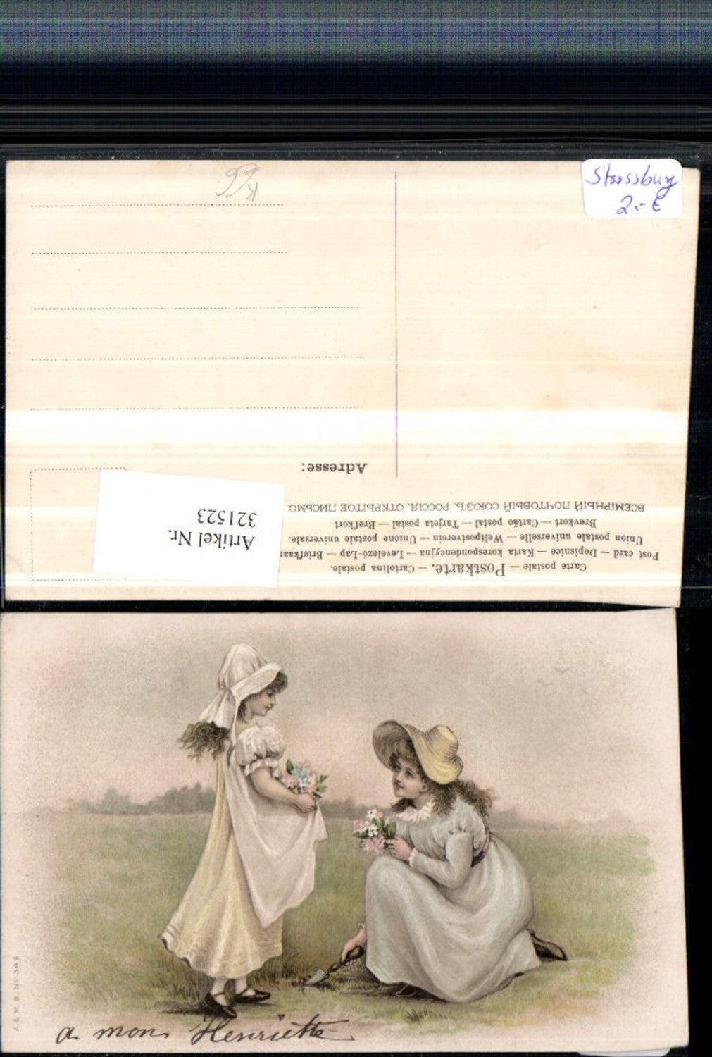 321523,Künstler AK Frau m. Hut Handspaten Mädchen m. Haube Kleid Blumen