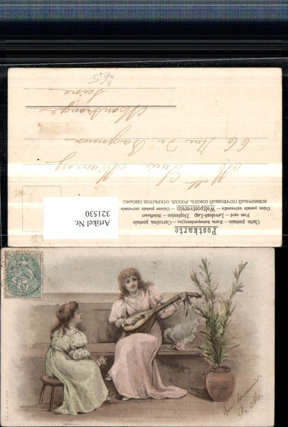 321530,Künstler AK Mädchen m. Kleider Laute Stuhl Blumen