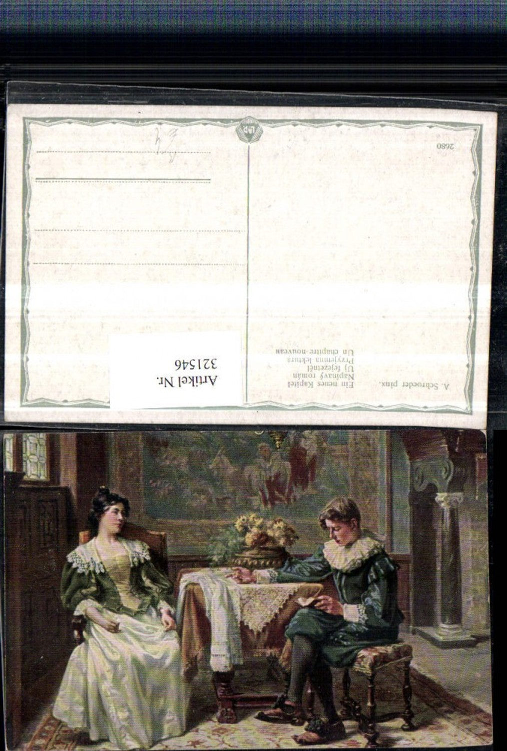 321546,Künstler AK A. Schroeder Ein neues Kapitel Mann m. Buch lesen liest Frau m. Kleid Tisch