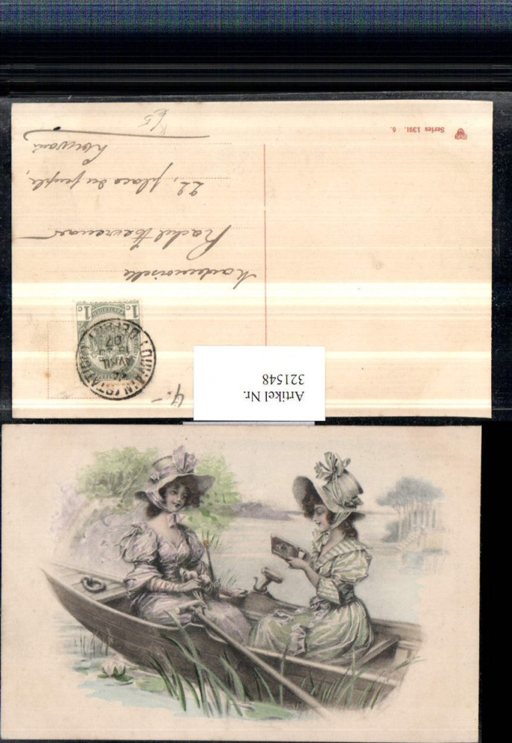 321548,Künstler AK Frauen m. Kleider Hüte Buch lesen liest Ruderboot Boot