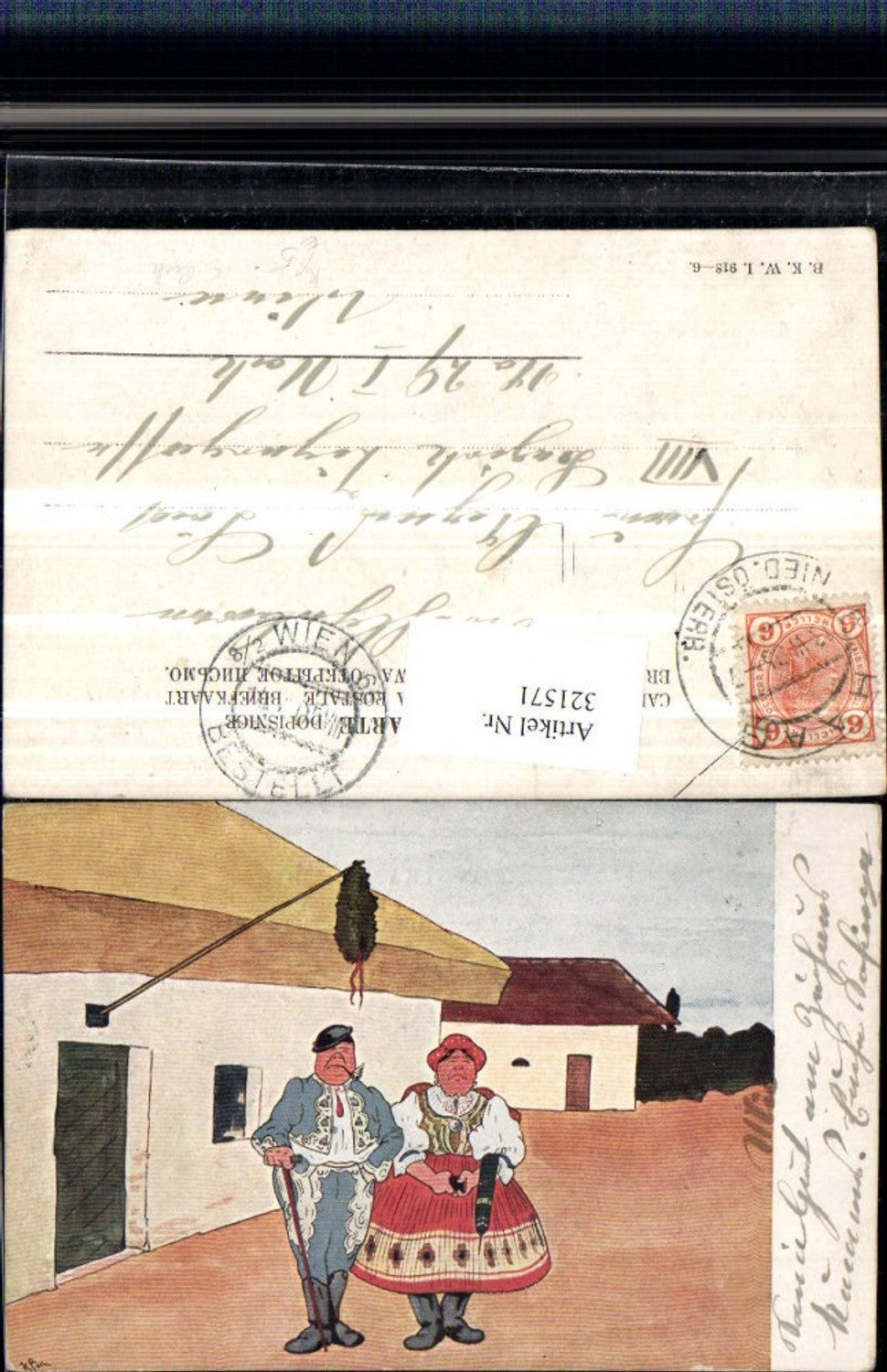321571,Künstler AK K. Pick Frau u. Mann in Tracht Hochzeit Kranz pub B.K.W.I. 918/6