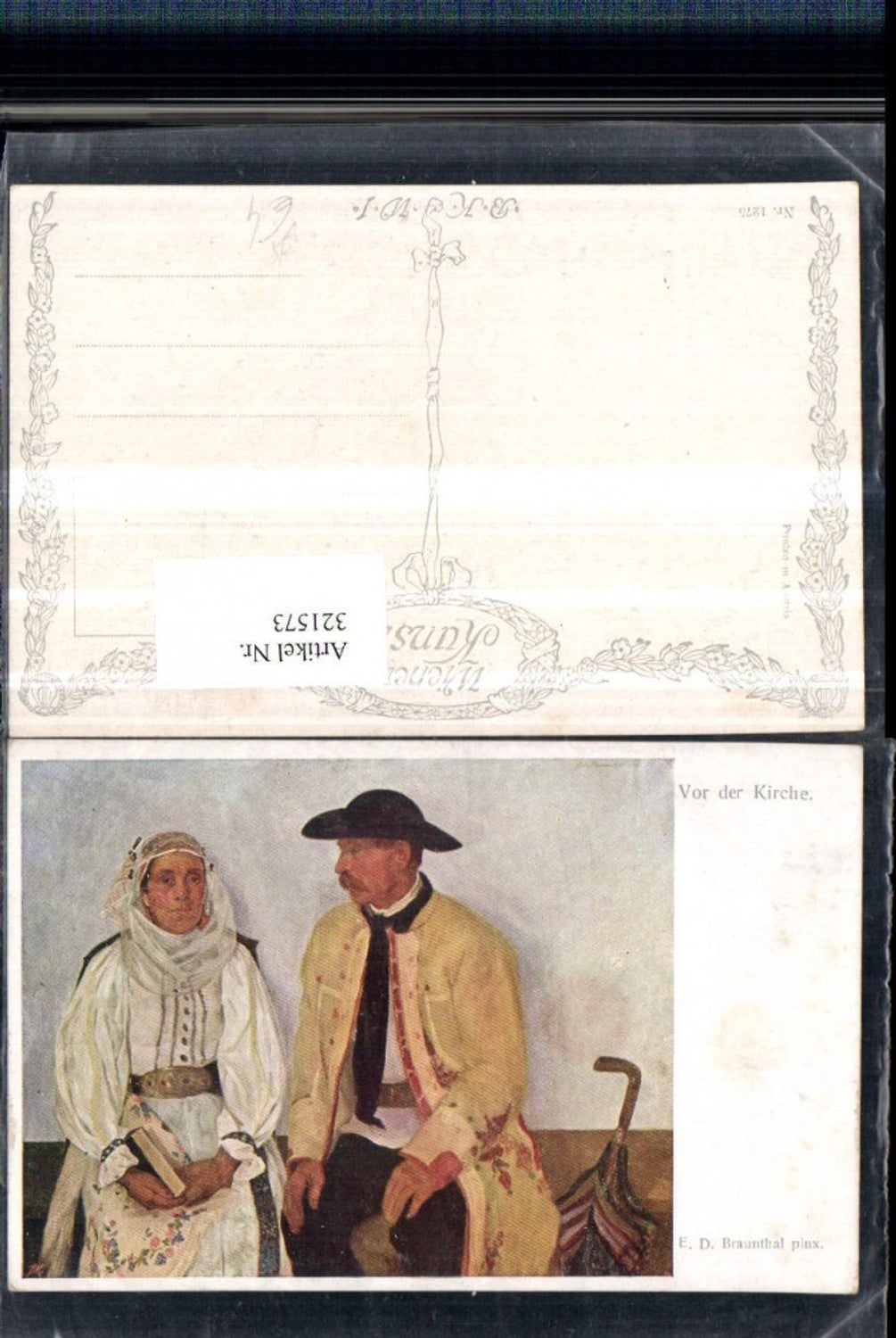 321573, Artist AK ED Braunthal In front of the church Woman Man Hat Headscarf Book pub BKWI 1275