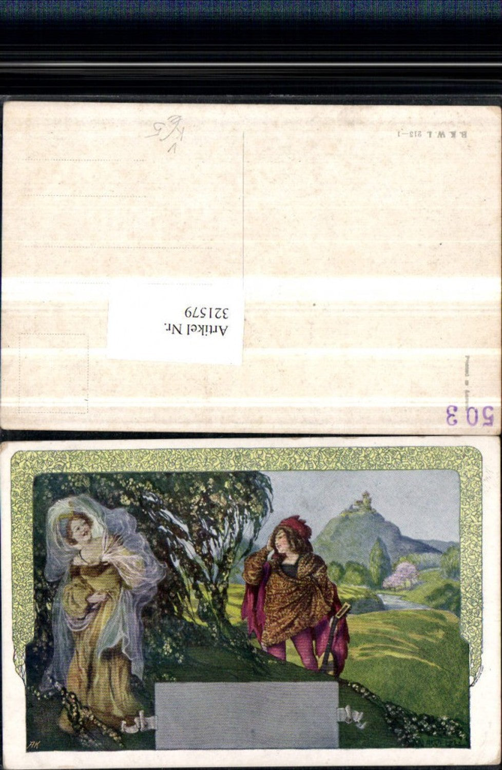 321579,Künstler AK A. Welzl Minnesänger Laute Frau m. Kleid Burg pub B.K.W.I. 213/1