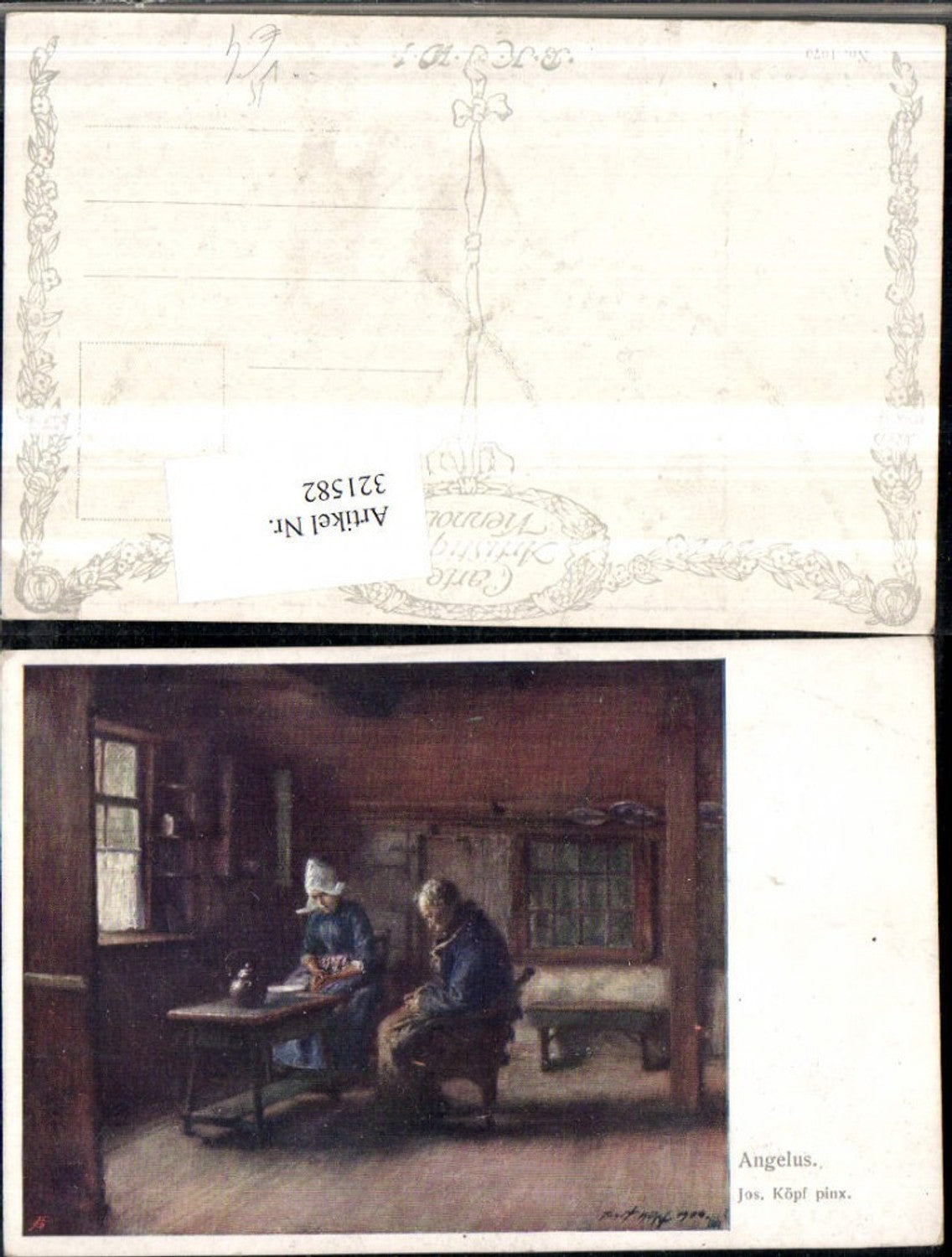 321582,Künstler AK Jos. Köpf Angelus Frau u. Mann b. Tisch Beten Kanne pub B.K.W.I. 1070