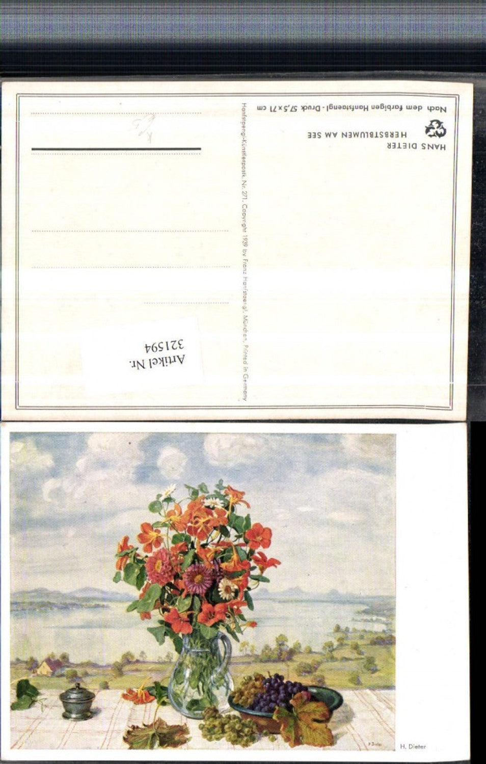 321594,Künstler AK Hans Dieter Herbstblumen am See Blumen Vase Trauben
