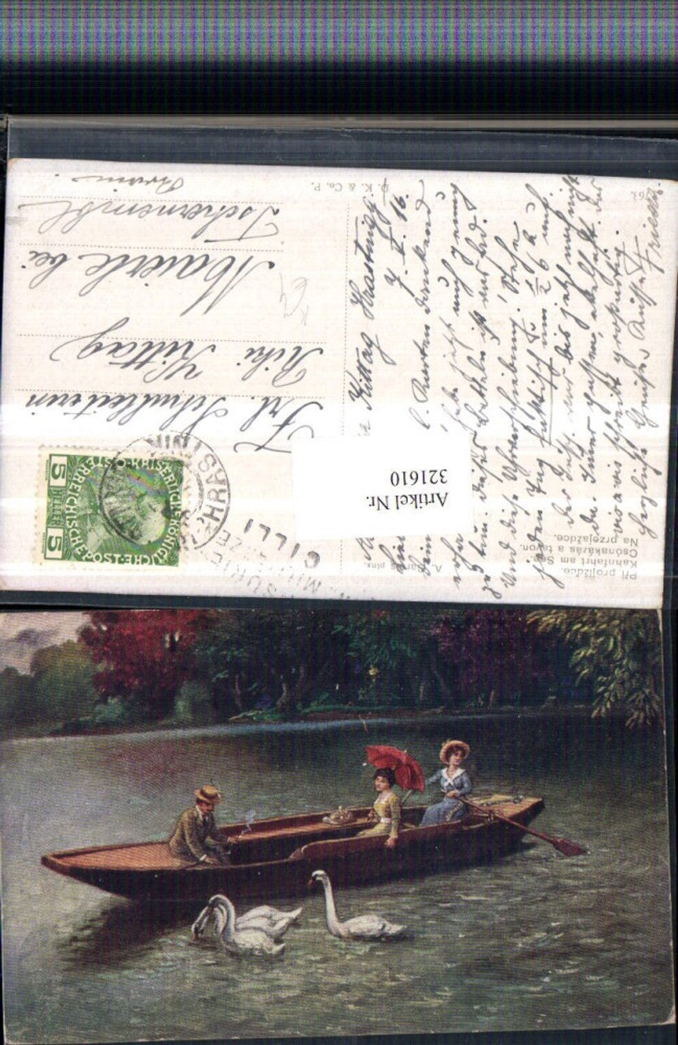 321610,Künstler AK A. Gareis Kahnfahrt am See Mann m. Hut Zigarette Frau m. Schirm Schwäne
