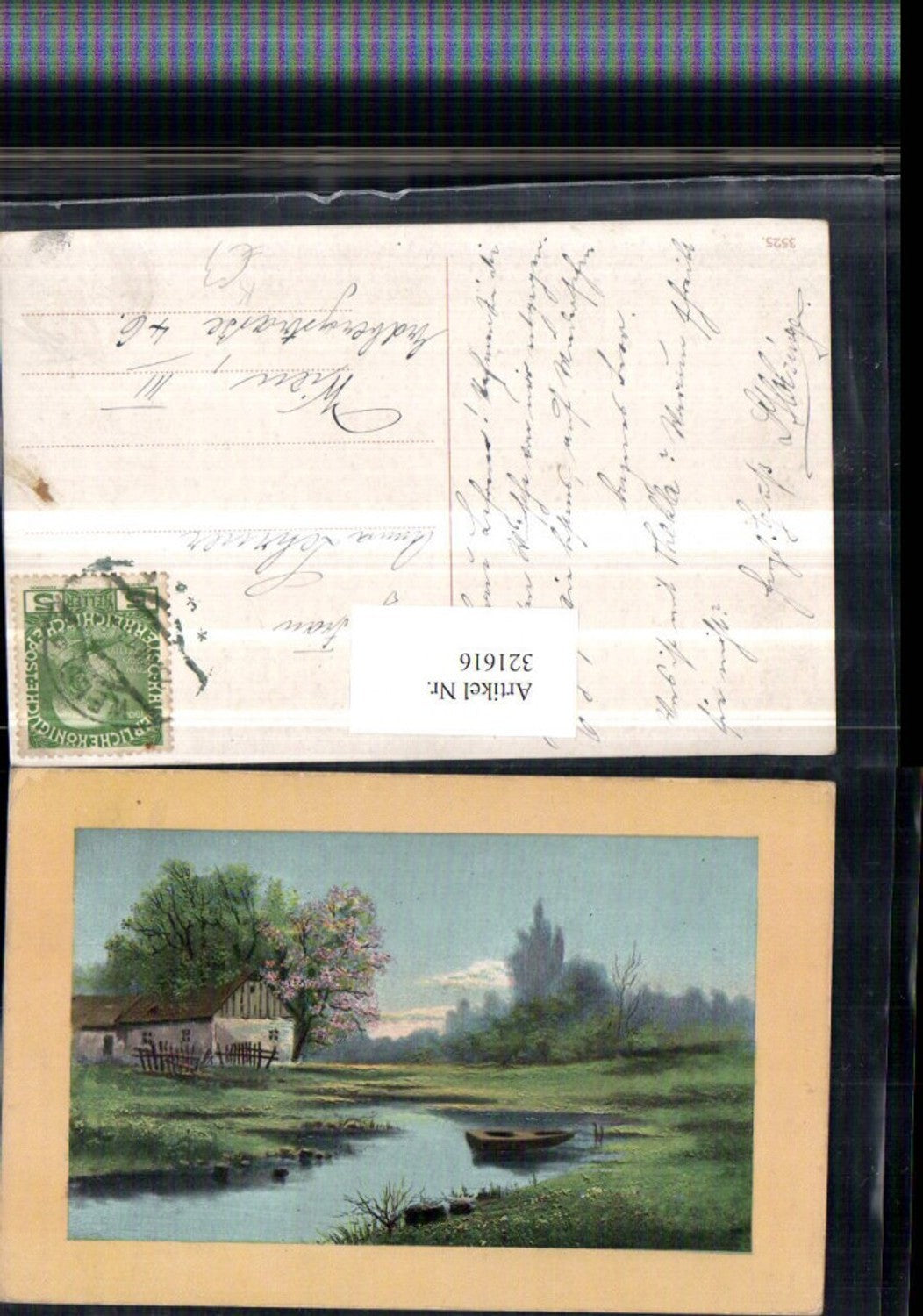 321616,Künstler AK Landschaft Bach Boot Haus