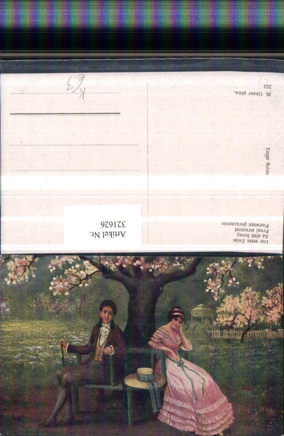321626,Künstler AK M. Gneer Der erste Zwist Paar Bank Frau m. Kleid Hut Mann m. Stock