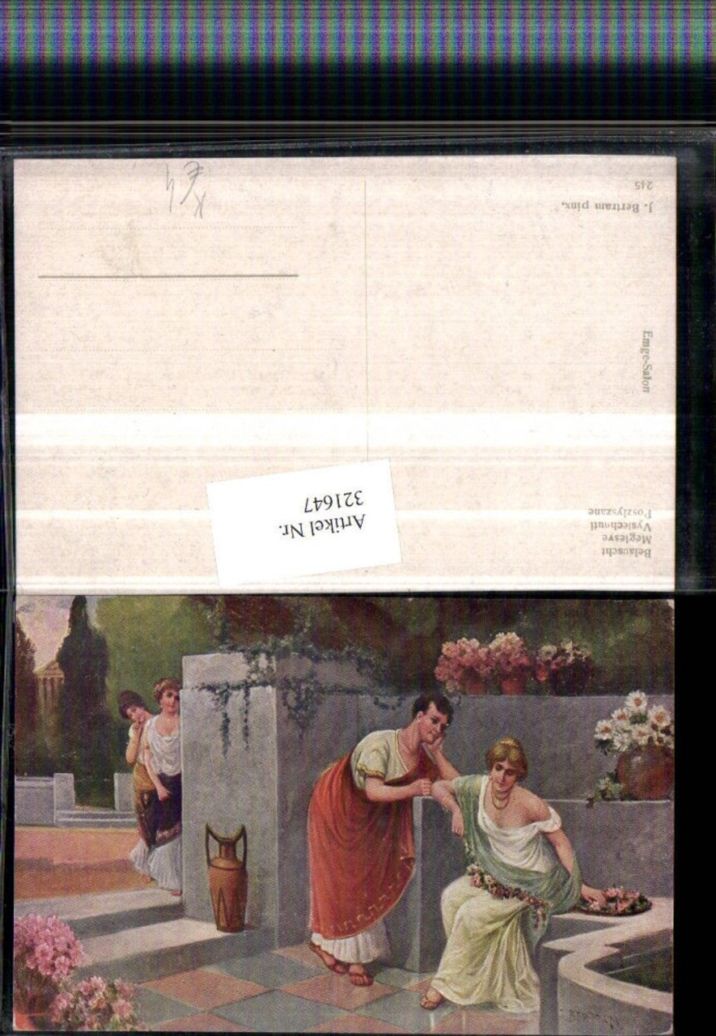 321647,Künstler AK J. Bertram Belauscht Frauen u. Mann m. Toga Krug