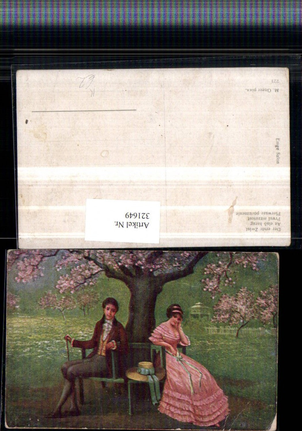321649,Künstler AK M. Gneer Der erste Zwist Paar Bank Frau m. Kleid Hut Mann m. Stock