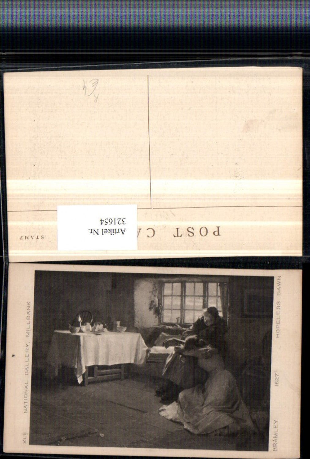 321654,Künstler AK Bramley Hopeless Dawn Frau m. Kleid weint Tisch Geschirr