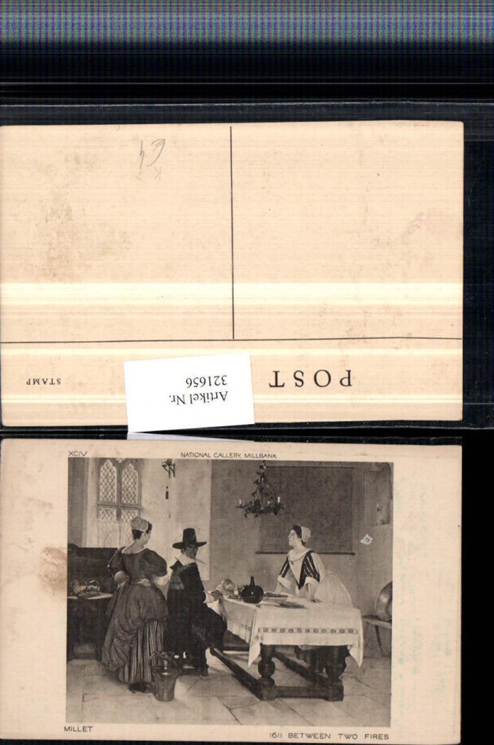 321656,Künstler AK Millet Between two Fires Mann m. Hut Tisch Frauen m. Kleider Krug