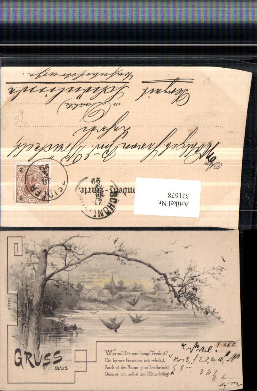 321678,Künstler AK Dorf Teilansicht See Vögel Schwalben Baum Spruch