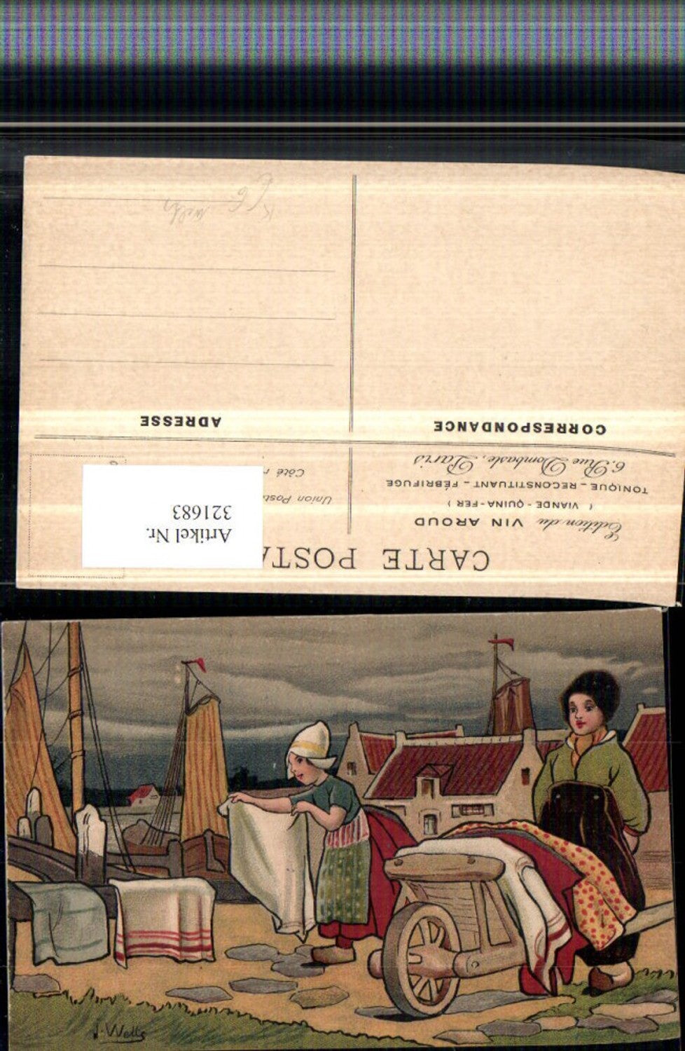 321683,Künstler AK J. Wells Holländische Kinder Wäsche Schubkarre Segelboote