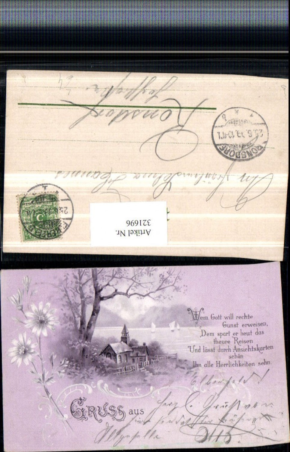 321696, Artist Lithograph Landscape Church Lake Flowers Saying Text