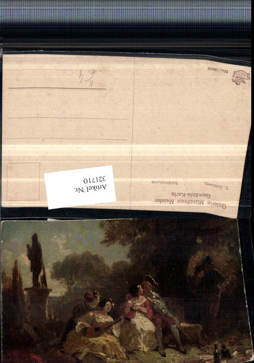 321710,Künstler AK C. Spitzweg Schäferstunde Paare Laute Statue