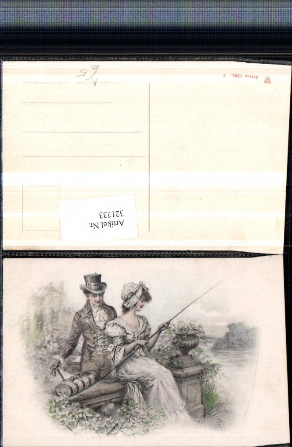 321733,Künstler AK Liebespaar Paar Frau m. Kleid Angel Mann m. Zylinder